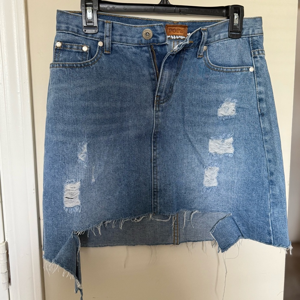 NWOT POL Blue Distressed A-Line Denim Skirt